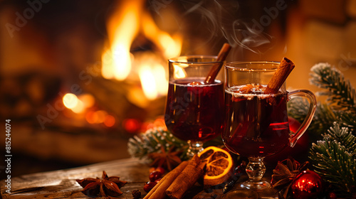 Two Glasses of Mulled Wine by Fireplace