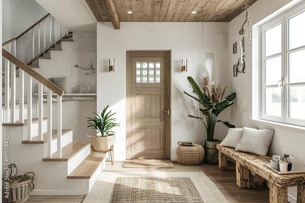 Scandinavian interior design of modern entrance hall with grid door, staircase and rustic wooden accent pieces Scandinavian interior design of modern entrance hall with grid door, staircase and rustic wooden accent pieces