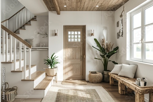 Scandinavian interior design of modern entrance hall with grid door, staircase and rustic wooden accent pieces