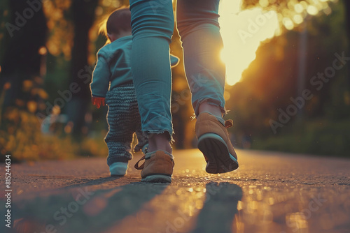 A photograph of a mother letting go of her baby to walk by herself, captured in a cinematic view. photo