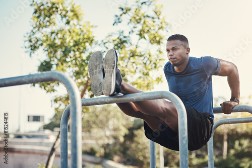 Obraz na plátně Black man, bar and dips in exercise park for calisthenics workout for arm strength, wellness or sneakers