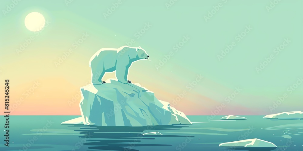 environment, flat design, global warming, bear on a rapidly disintegrating iceberg in the Arctic