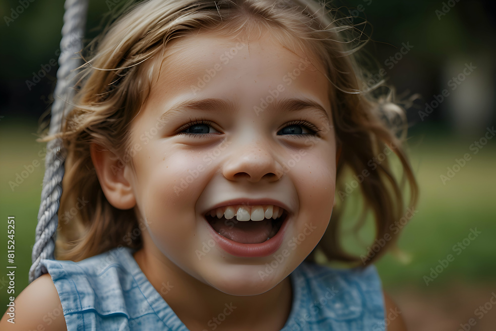 A close-up of a camera lens capturing a little girl laughing on a swing, portrait of a smiling girl A close-up of a camera lens capturing a little girl laughing on a swing, portrait of a smiling girl