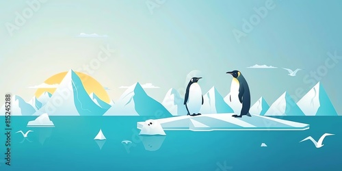 environment  flat design  global warming  penguins and polar bear on a shared melting iceberg