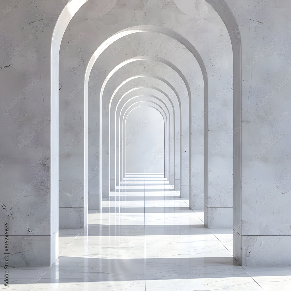 A long, narrow hallway with white walls and white flooring. The hallway is empty and features a large archway. The archway is the focal point of the image, drawing the viewer's eye towards it A long, narrow hallway with white walls and white flooring. The hallway is empty and features a large archway. The archway is the focal point of the image, drawing the viewer's eye towards it