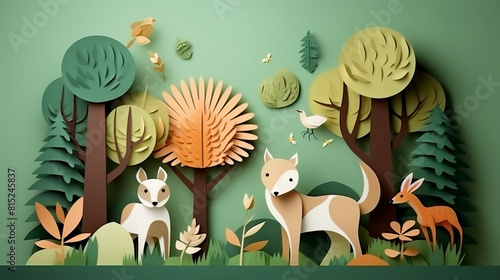 A paper cutout of a forest scene with animals such as deer  birds  and a fox