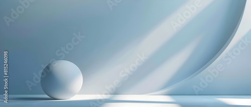 A white ball is sitting on a white floor in a room with a blue wall. The room is empty and the ball is the only object in the scene