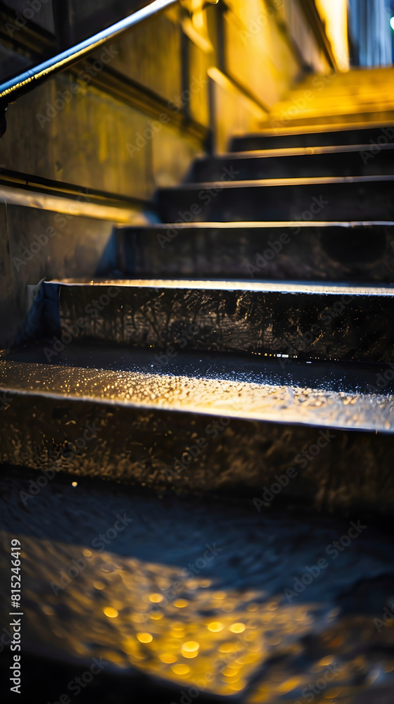 The stairs are wet and the light is shining on them The stairs are wet and the light is shining on them