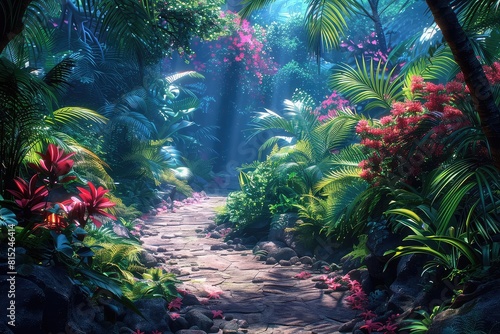 Digital illustration of a deep jungle pathway  mysterious and lush  vibrant colors  midday light