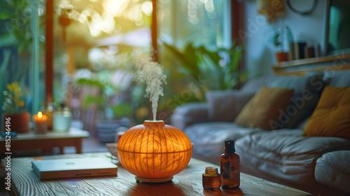 wellness retreat amenities, a serene diffuser with essential oils at a wellness retreats cozy corner, fostering relaxation and enhancing well-being