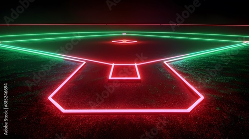 A 3D render of glowing neon baseball field on black background, in the style of electric green and intense red photo