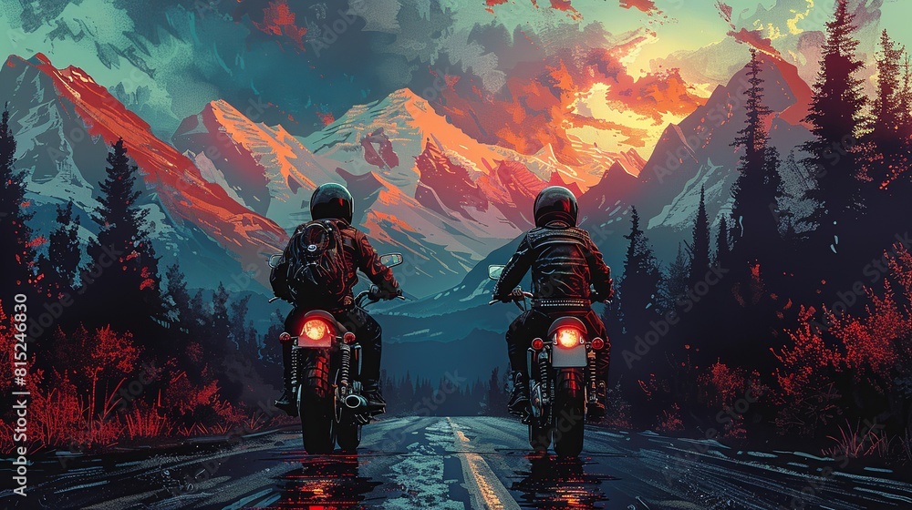 Fototapeta premium Two men on motorcycles are riding down a road with mountains in the background