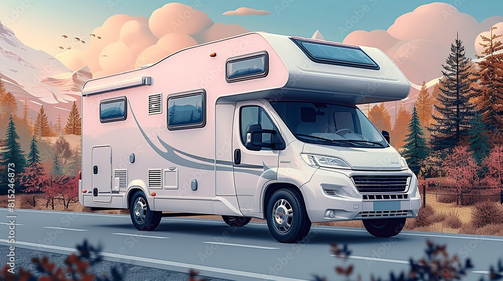 A white camper van is driving down a road with trees in the background ...