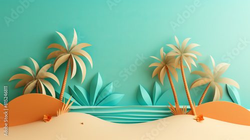A paper drawing of a beach scene with palm trees and a body of water