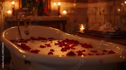 A bathtub filled with rose petals and lit candles
