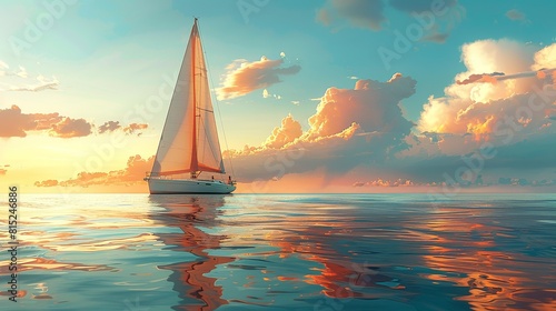 A sailboat is sailing in the ocean with a beautiful sunset in the background