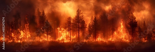 A forest on fire  flames engulfing tall trees in the woods. A large scale wildland burning event with thick smoke and orange heat haze creating an intense scene of destruction