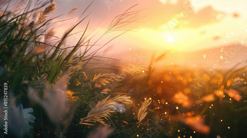 Deliberately honing in on the act of gently crushing grass flowers swaying in the wind under the familiar sunset evokes a sense of liberation and vitality Amidst the beauty of the grass flo