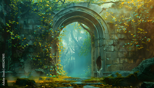 Spectacular fantasy scene with a portal archway covered in creepers  in the fantasy world  ancient magical stone gate showing another dimension  digital art 3d illustration.