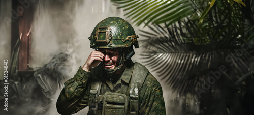 oldier crying in the rain, smoke and dirt photo