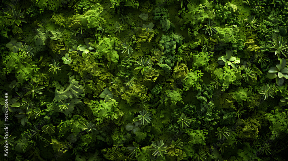 A lush green plant wall with many different types of plants. The plants are all green and appear to be thriving. Concept of growth and vitality, as well as a connection to nature A lush green plant wall with many different types of plants. The plants are all green and appear to be thriving. Concept of growth and vitality, as well as a connection to nature