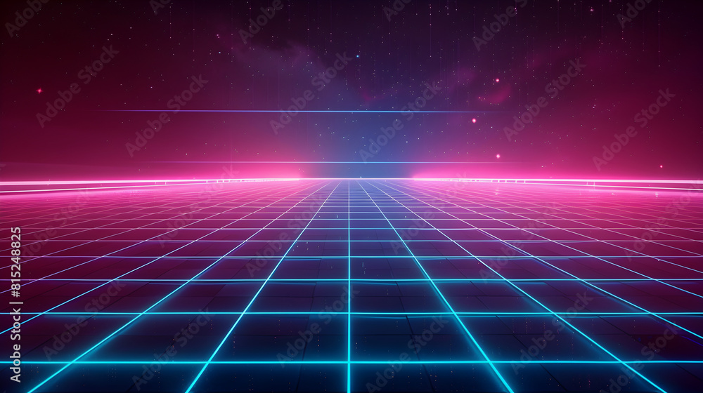 A bright, neon blue and pink background with a starry sky. The sky is filled with stars and the background is a deep purple