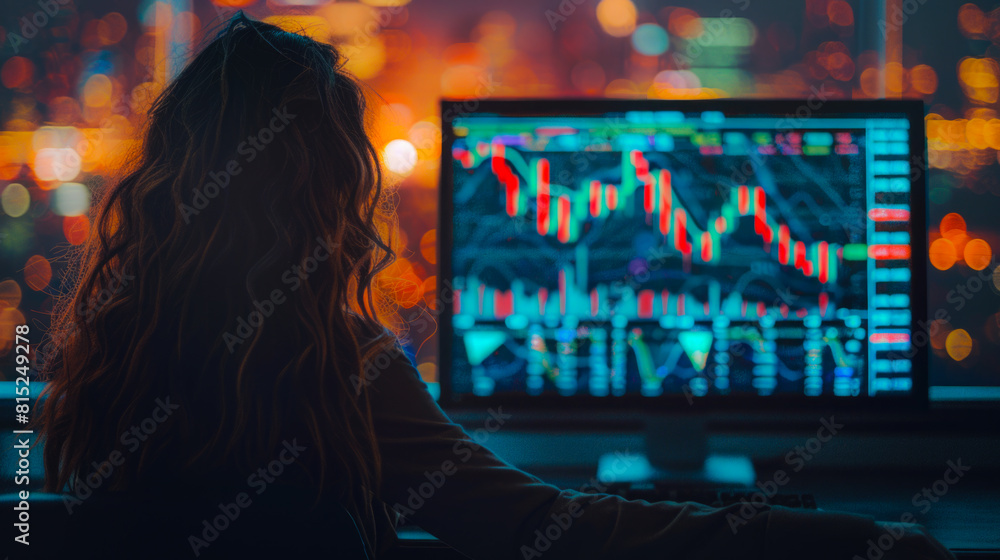 Obraz premium Concepto de alza de la bolsa de inversión en criptomonedas, mujer bella pendiente de la subida económica monetaria.