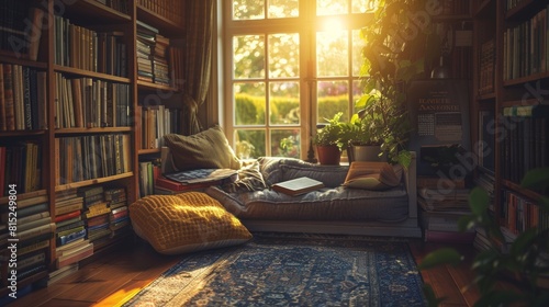 A cozy reading nook with a comfortable bed, a potted plant, and a window