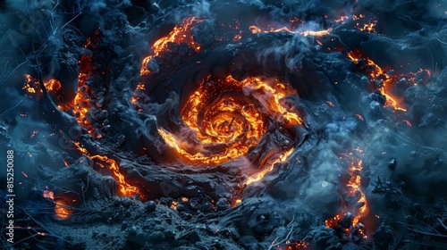 A fire is burning in a circle  with smoke and flames surrounding it