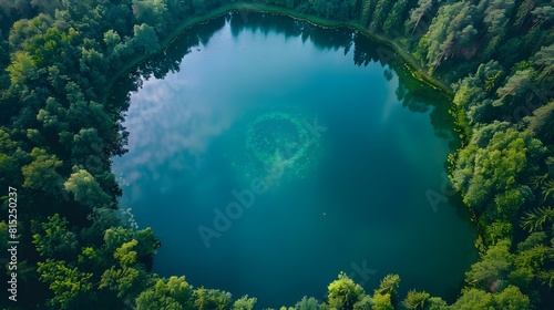 Aerial view of beautiful Balsys lake, one of six Green Lakes, located in Verkiai Regional Park. Birds eye view of scenic emerald lake surrounded by pine forests. Vilnius, Lithuania