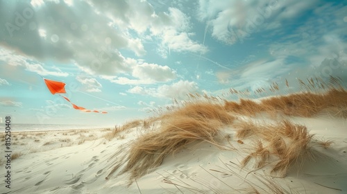 A red kite soars gracefully over a desert landscape in a painting, with cumulus clouds dotting the sky and adding to the atmosphere of heat and wind AIG50 photo