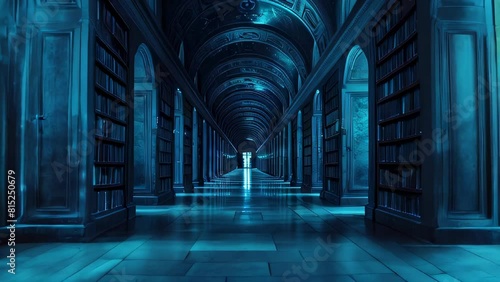 Blue-toned image of grand, spacious library with arched ceilings and bookshelves lining walls photo