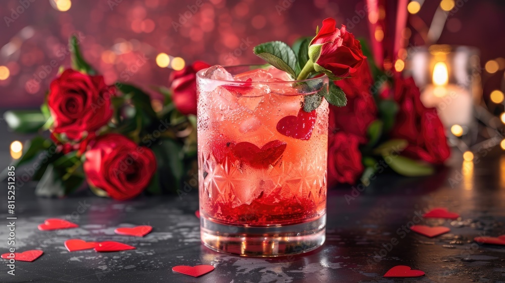 A Valentine s Day cocktail called Roses Julep featuring vibrant red roses and hearts set against a festive backdrop A Valentine s Day cocktail called Roses Julep featuring vibrant red roses and hearts set against a festive backdrop