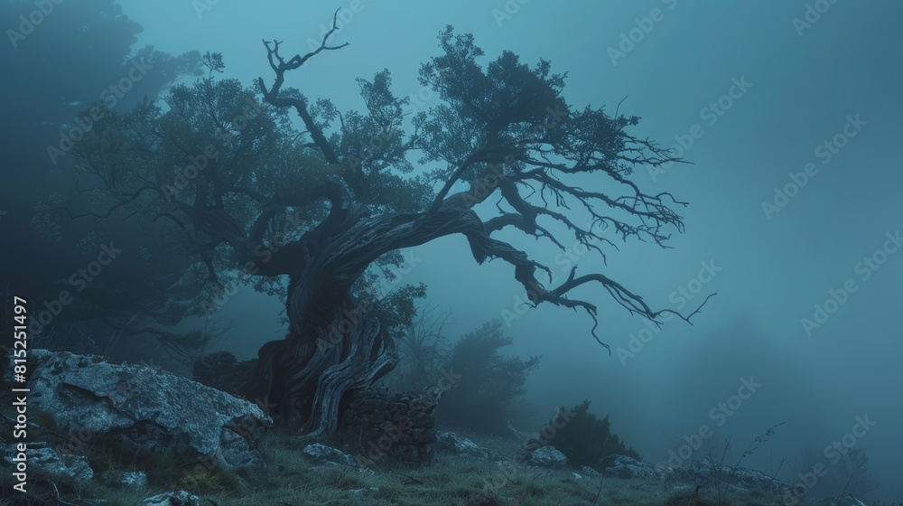 A large tree with a lot of branches is in a foggy forest
