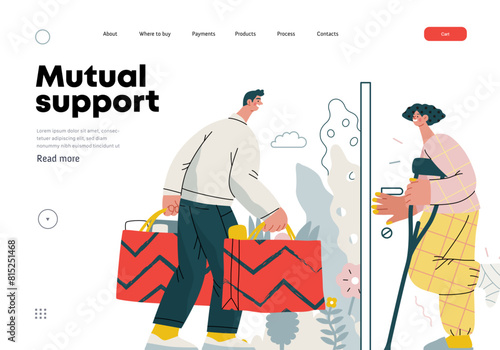 Mutual Support Buying groceries for ill neighbor -modern flat vector concept illustration of man carrying shopping bags for woman on crutches Metaphor of voluntary, collaborative exchanges of services