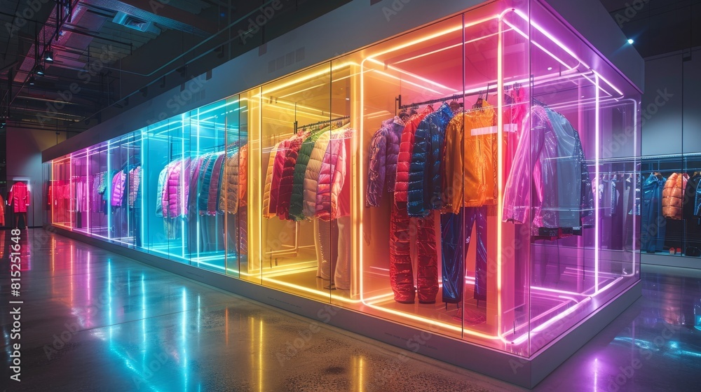 led lights highlight an array of clothing created from recycled materials, merging sustainability with fashion in a modern wardrobe design led lights highlight an array of clothing created from recycled materials, merging sustainability with fashion in a modern wardrobe design