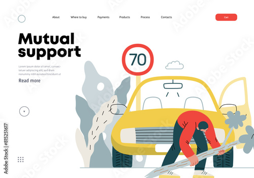 Mutual Support: Clearing an obstacle from the way -modern flat vector concept illustration of a man removing a fallen branch from the road A metaphor of voluntary, collaborative exchanges of services