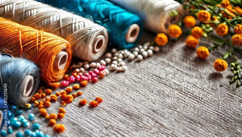 Assorted colorful sewing threads and beads on textured fabric photo