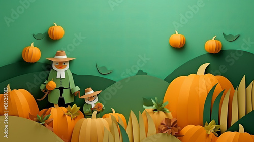 A man and a child are picking pumpkins in a field