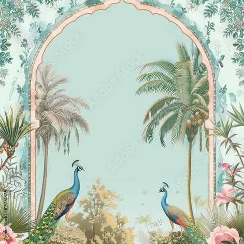 A card with an arch  palm trees and peacocks on the right side  light blue background  in front a large empty space for writing text  