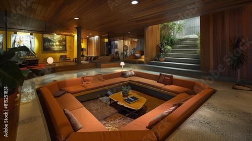 A living room with a large orange couch in the center