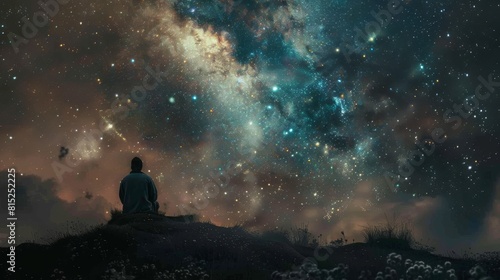 A man is sitting on a hill and looking up at the stars