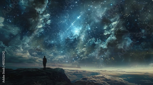 A man is sitting on a hill and looking up at the stars