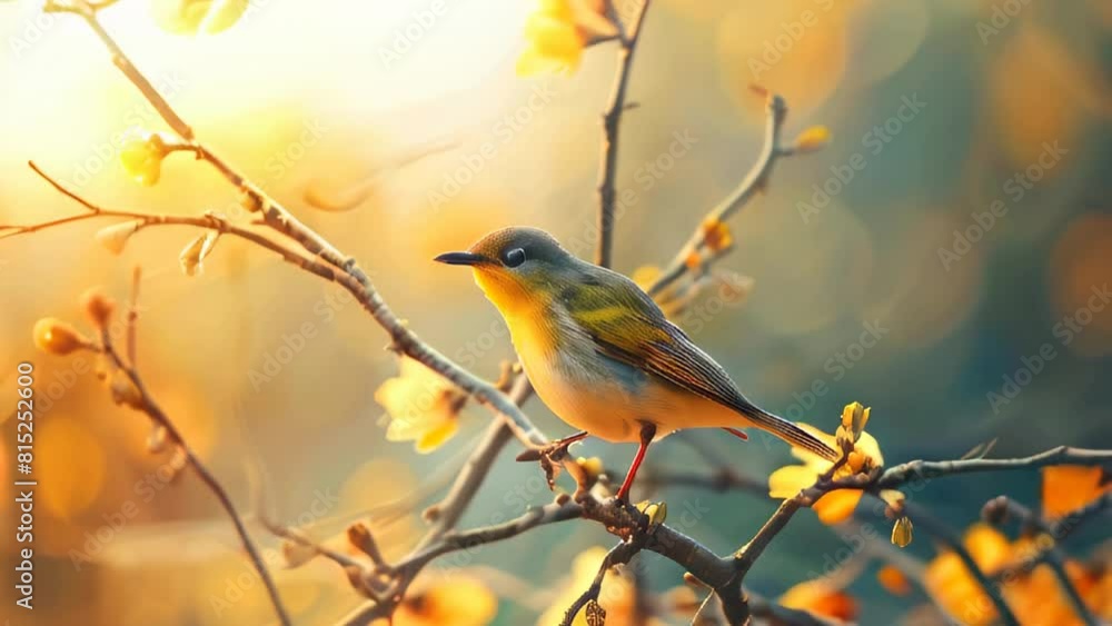 Small bird perched on branch with blossoms in soft sunlight Small bird perched on branch with blossoms in soft sunlight