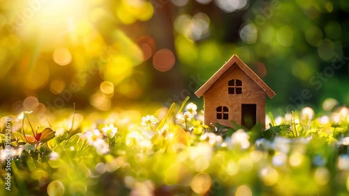Wallpaper Mural Small wooden house model in sunny meadow with white flowers Torontodigital.ca