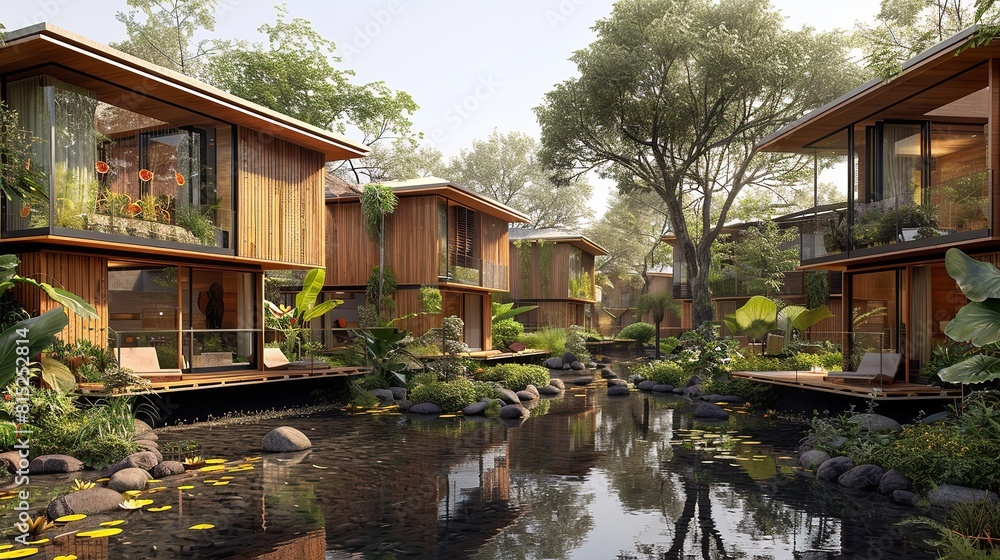 A cluster of wooden cabins sit alongside a tranquil pond, surrounded by lush greenery and reflections of the sky in the water A cluster of wooden cabins sit alongside a tranquil pond, surrounded by lush greenery and reflections of the sky in the water