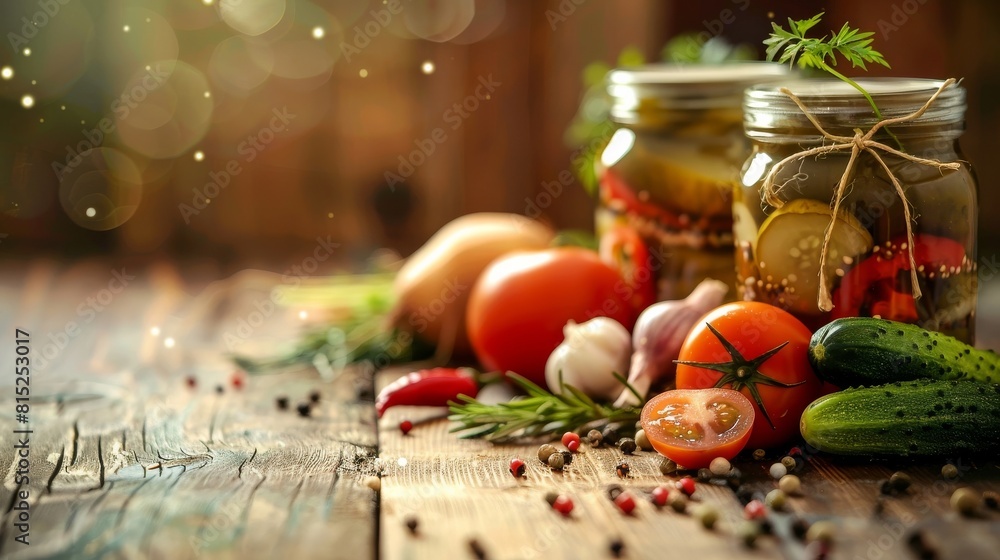 pickled vegetables on a wooden rustic background