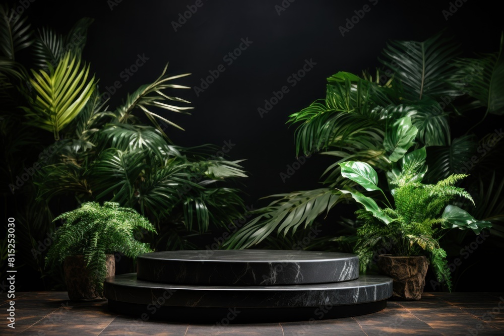 Product display. empty marble podium display stand for product display with green foliage. Product display. empty marble podium display stand for product display with green foliage.
