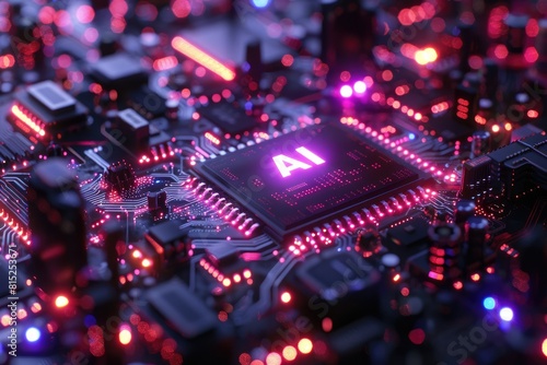 Artificial Intelligence (AI) concept, Abstract AI processor and quantum computer background.