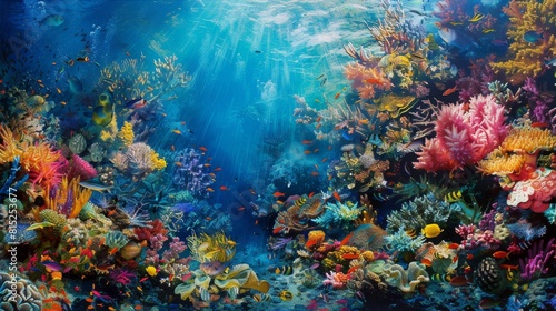 A painting of a coral reef with a variety of colorful fish swimming around © Vilayat